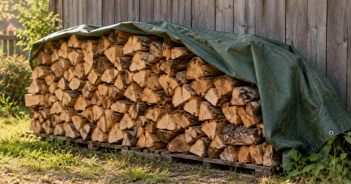 A green canvas tarp folded back from part of a stacked pile of split firewood, the uncovered logs in soft sunlight.