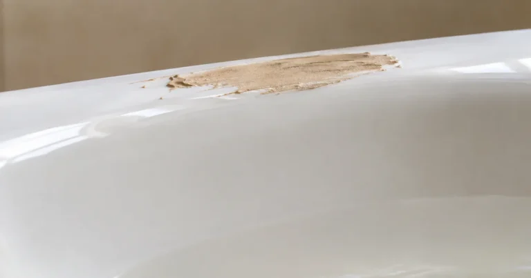 A white porcelain washbasin rim with a smooth smear of dried pale mud, the glossy glaze around it unbroken.