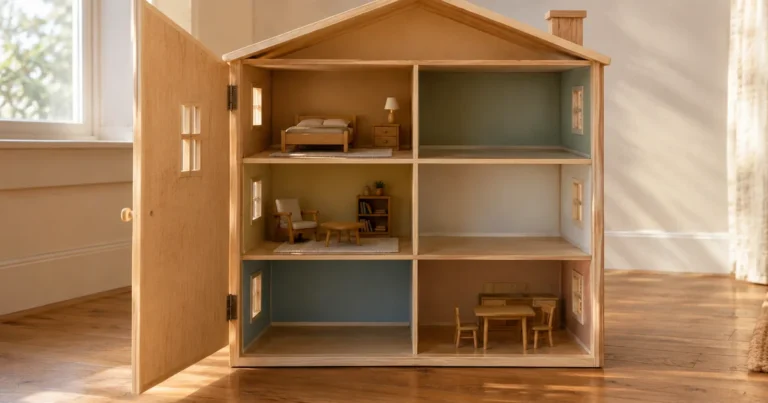 A wooden dollhouse with its front swung open, a few small rooms still furnished and the other rooms left bare.