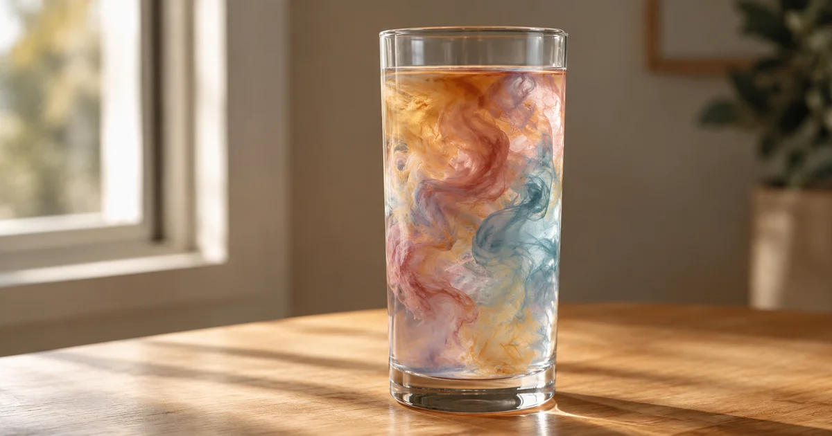 Several colored liquids in a tall clear drinking glass, swirling into one another instead of settling into layers.