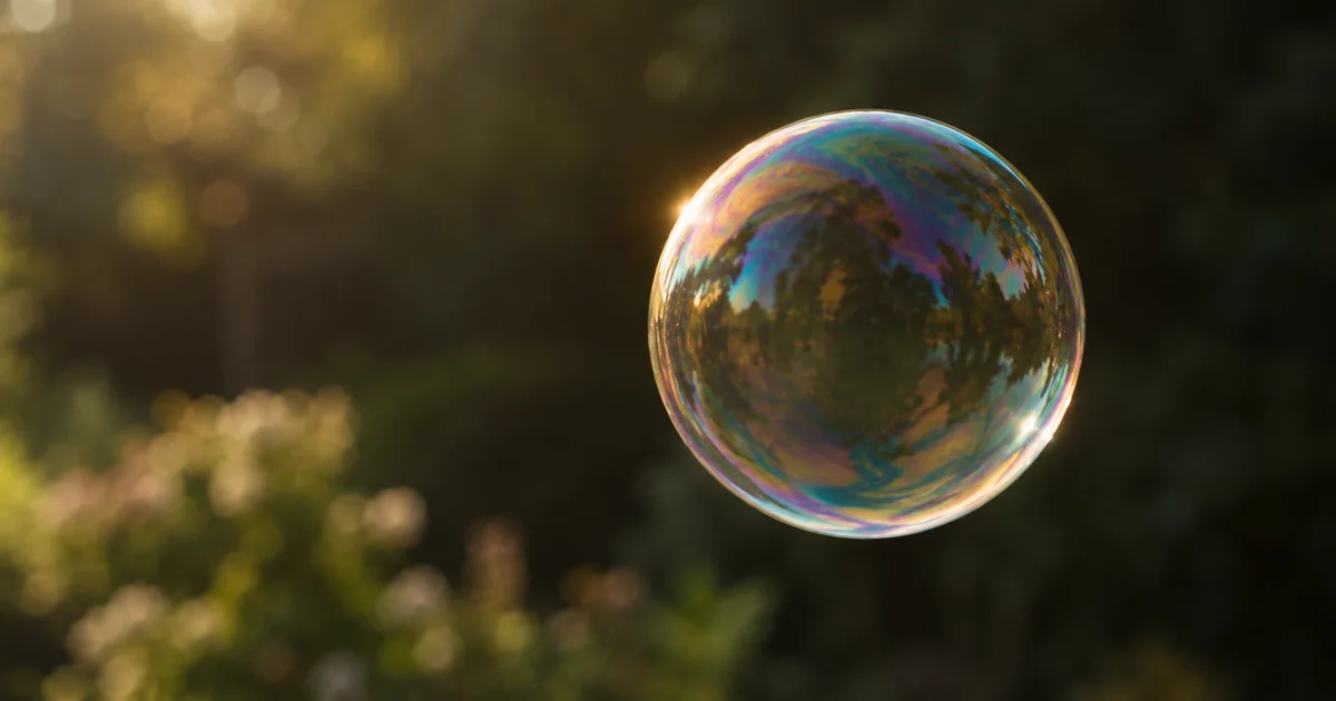 A single iridescent soap bubble floating in soft light against a dark, out-of-focus background.