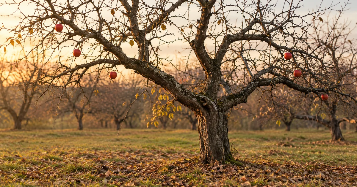 An old apple tree in an autumn orchard, its leaves fallen and a few ripe red apples still hanging on its branches.