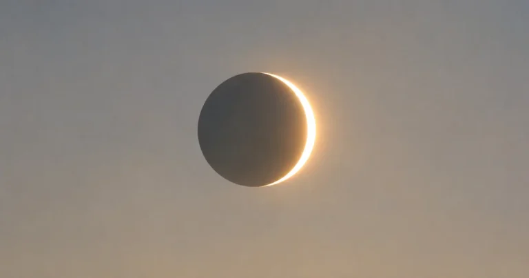 A partial solar eclipse, the sun reduced to a thin bright crescent beside the dark disc of the moon in a pale sky.