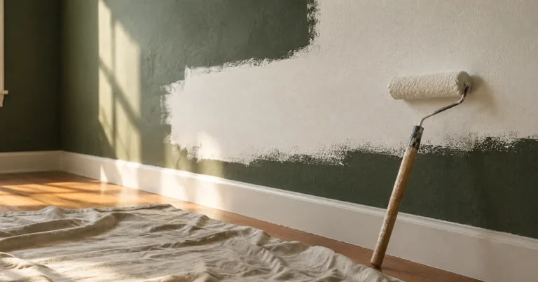 A paint roller resting against a dark green wall, a fresh band of white paint rolled partway across the old color.