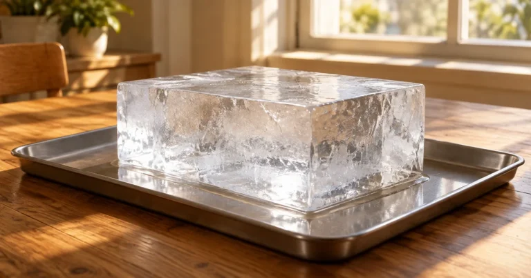 A large block of clear ice on a steel tray in a sunny room, only a thin film of water around its base.