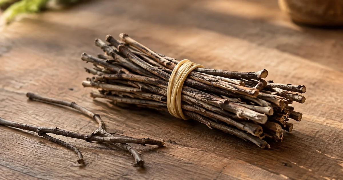 A rubber band stretched tightly around a bundle of twigs on a wooden table