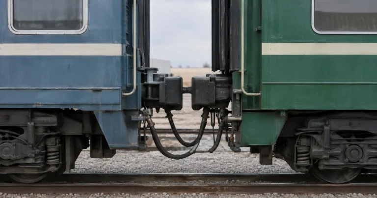 Two separate railway cars joined by a visible mechanical coupling mechanism