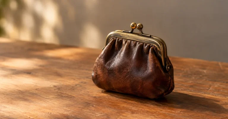 A vintage coin purse clasped firmly shut, resting alone on a plain table