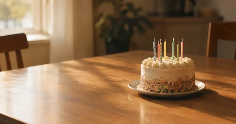 A small birthday cake with unlit candles on an otherwise empty table