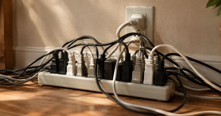 A power strip with every socket filled, cords crowded into a single outlet