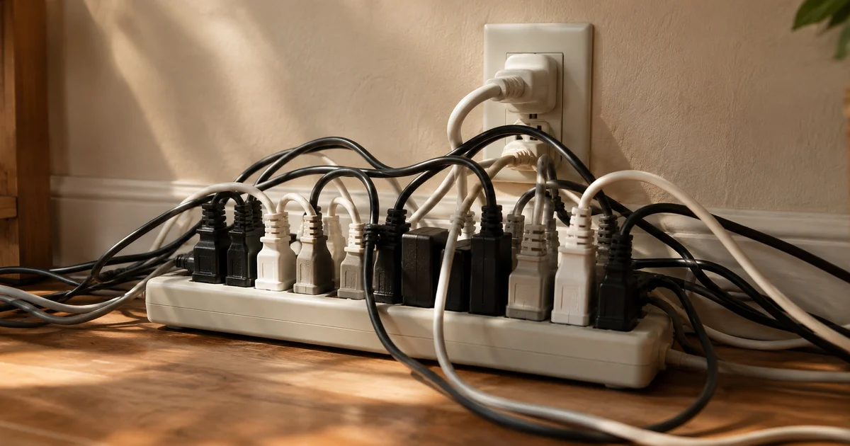 A power strip with every socket filled, cords crowded into a single outlet
