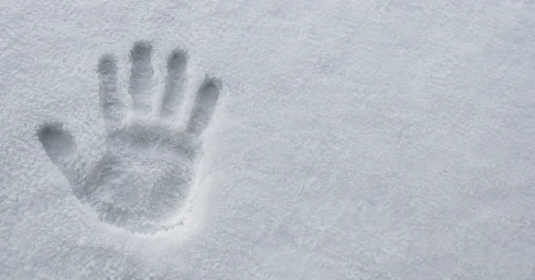 A single handprint pressed into fresh snow beside a smooth, untouched expanse