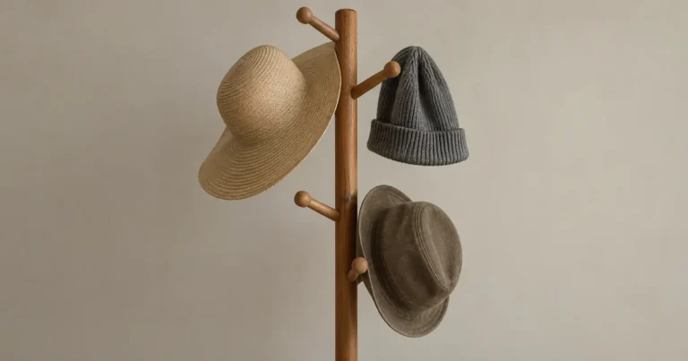 A plain wooden hat stand holding three distinct ordinary hats — a sun hat, a knit cap, and a soft brimmed hat
