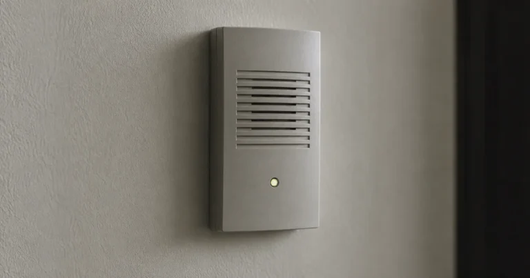 A wall-mounted intercom speaker panel in a plain hallway, its indicator light steady