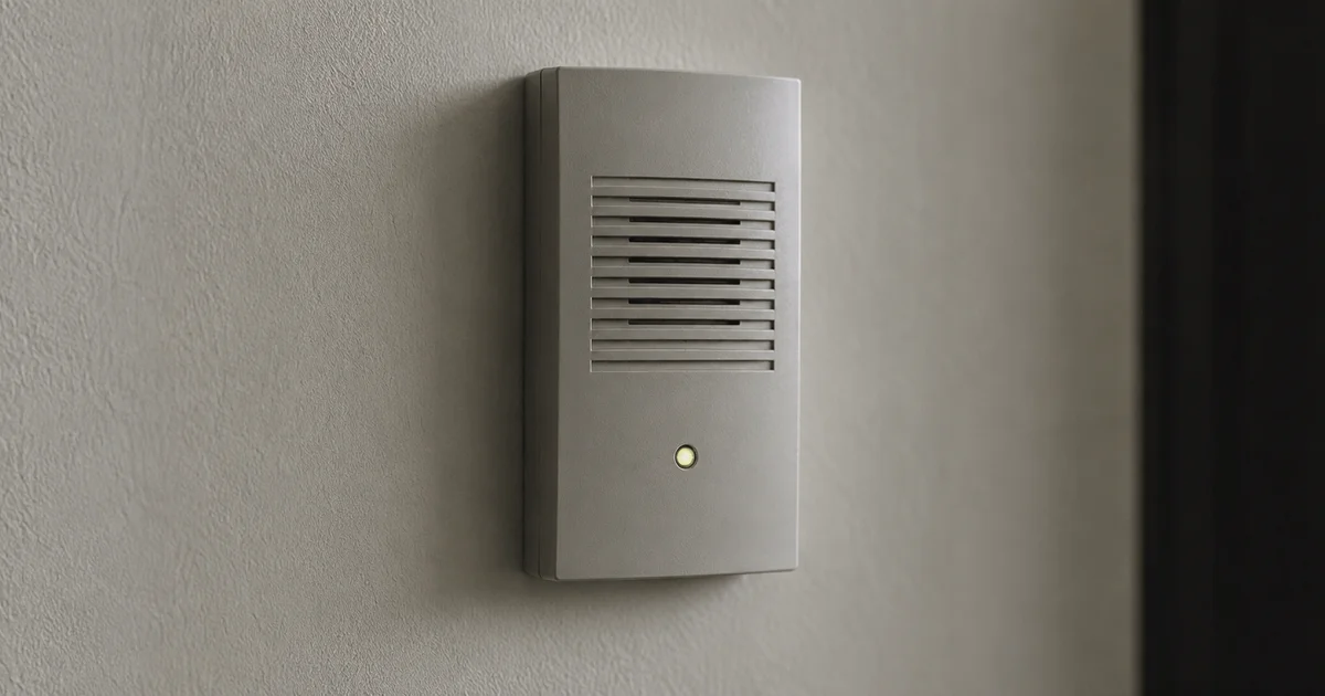 A wall-mounted intercom speaker panel in a plain hallway, its indicator light steady
