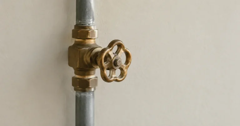 A brass valve handle on a plain pipe, turned to a partially open position