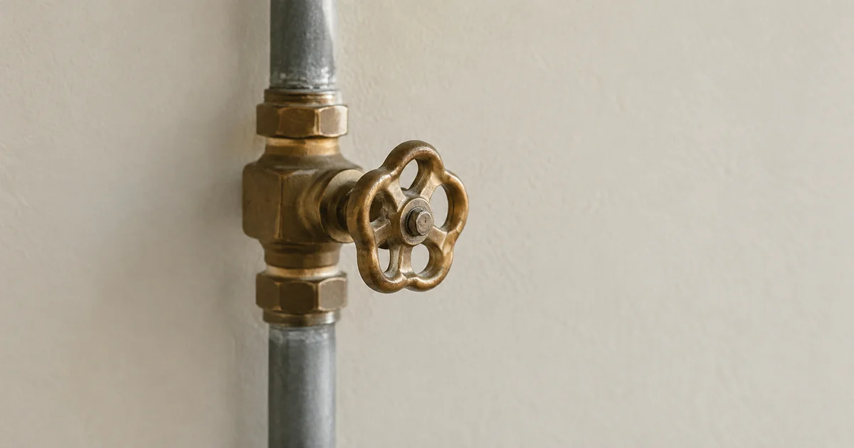 A brass valve handle on a plain pipe, turned to a partially open position