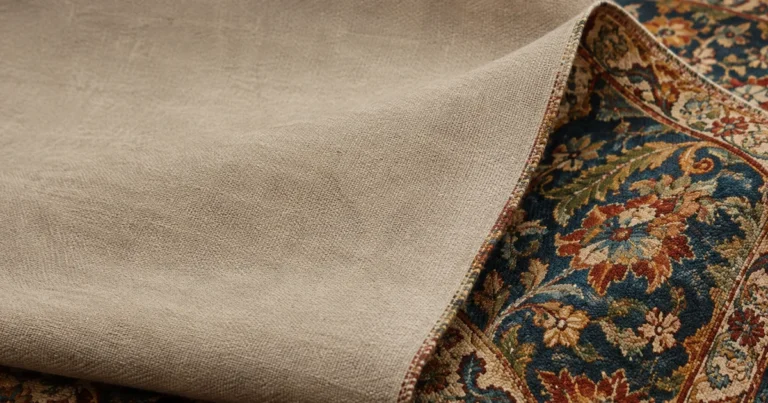 A richly patterned woven textile folded with its plain reverse facing out, one lifted edge revealing the pattern beneath