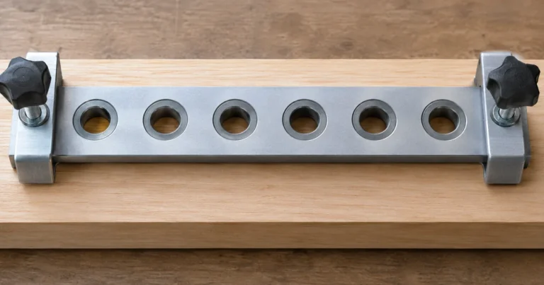 A rigid metal doweling jig clamped over a wooden board, with a row of identical circular guide openings