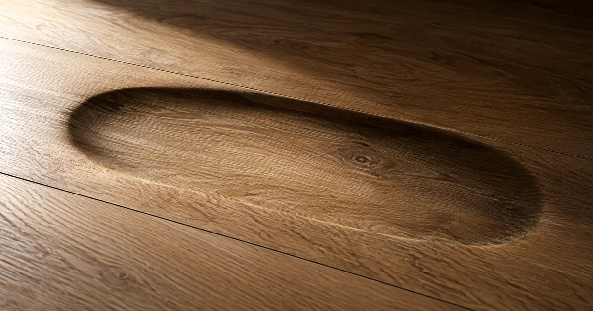 A close-up of a long-standing indentation in a wooden floor where a piece of furniture once stood, now removed