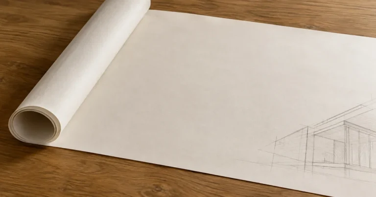 A partially unrolled blueprint on a table, with pencil lines in one corner and the remaining paper blank