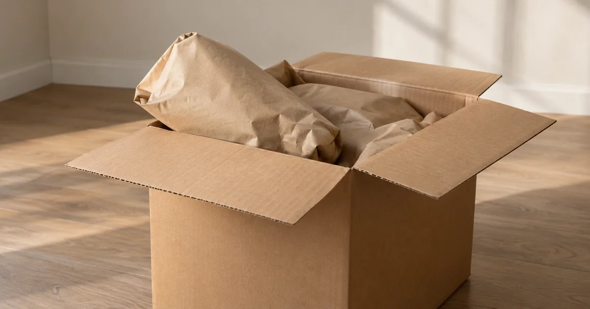 An open cardboard moving box in a bare room, with one partly unwrapped item and other wrapped items inside