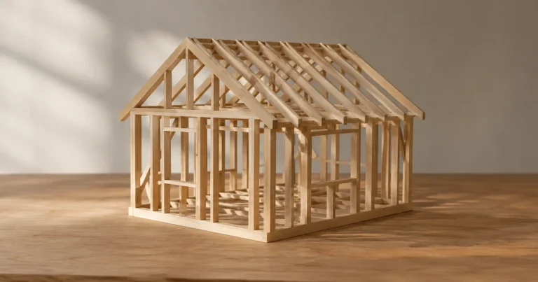 A simple wooden scale model of a house frame, just the structural skeleton, resting on a plain worktable