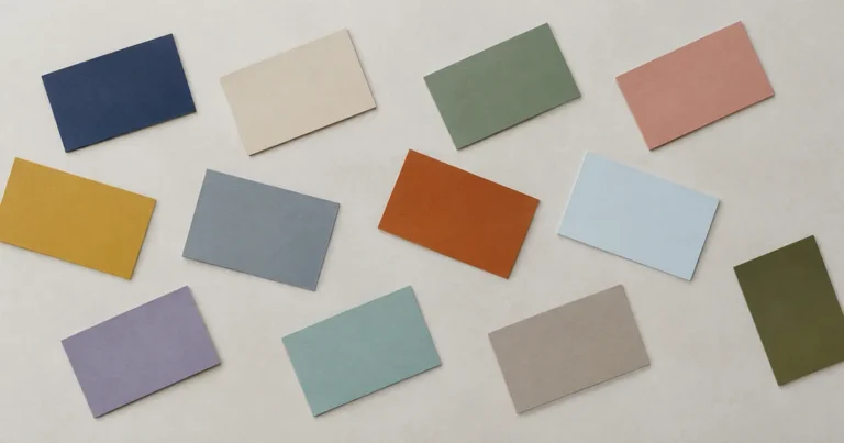 Equal-sized paint swatches in different colors, loosely scattered in a balanced arrangement