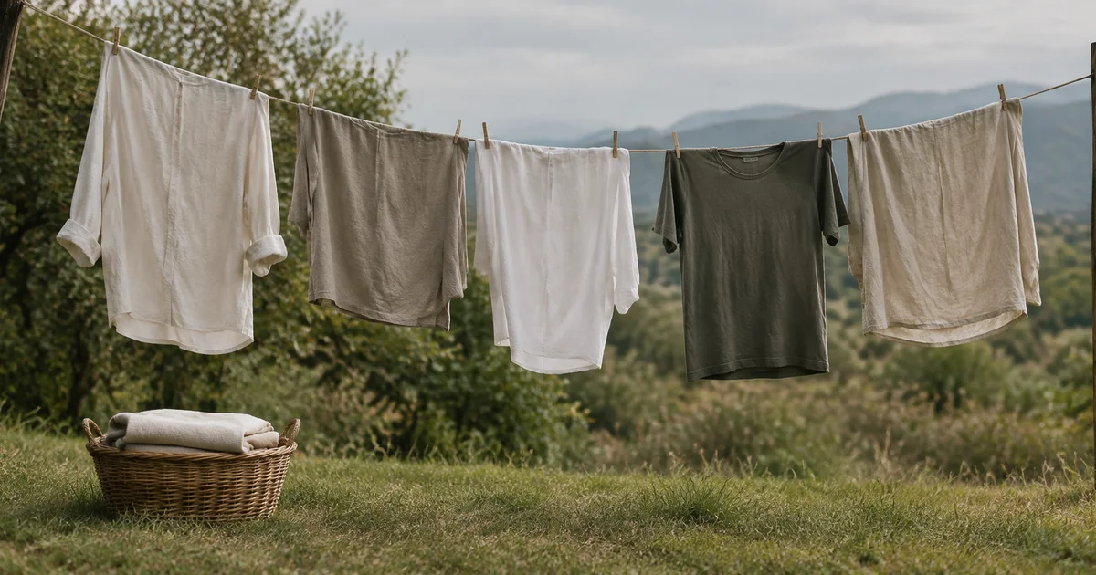 A clothesline holding several pinned garments, with folded items in a basket beneath it