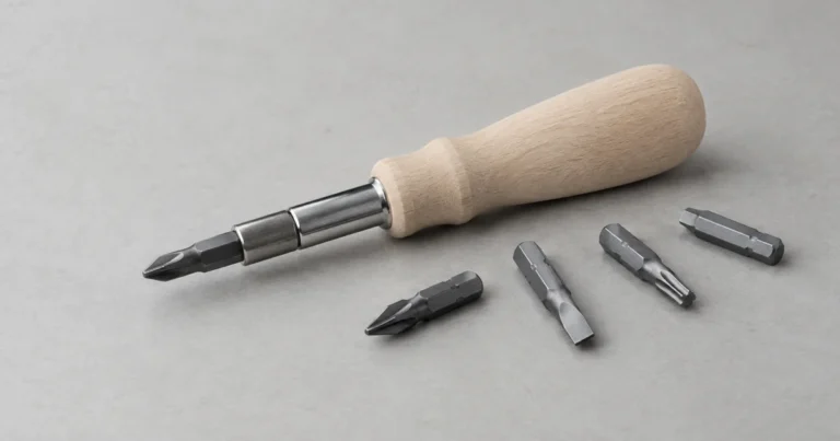 A screwdriver handle fitted with one interchangeable bit, with several other intact bits resting nearby