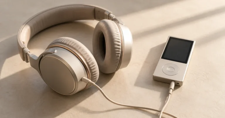 Over-ear headphones resting beside a small plain audio player on a simple surface