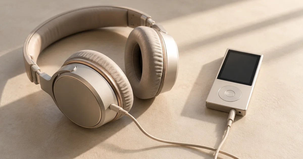 Over-ear headphones resting beside a small plain audio player on a simple surface