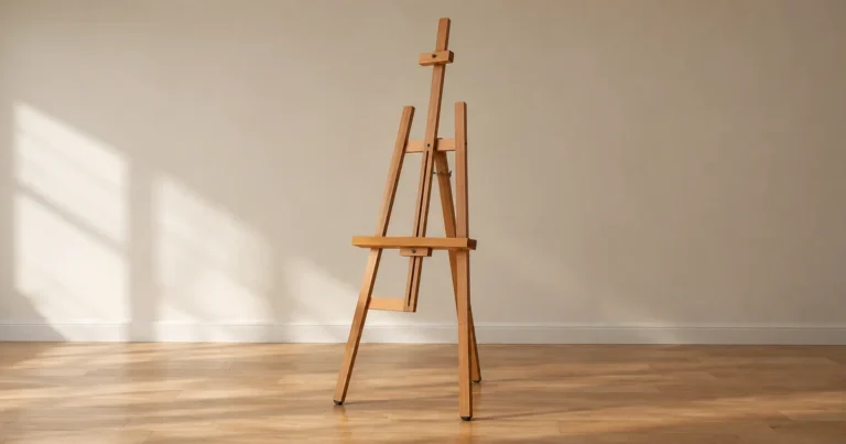 A plain wooden artist's easel standing open on three legs, with its support ledge empty