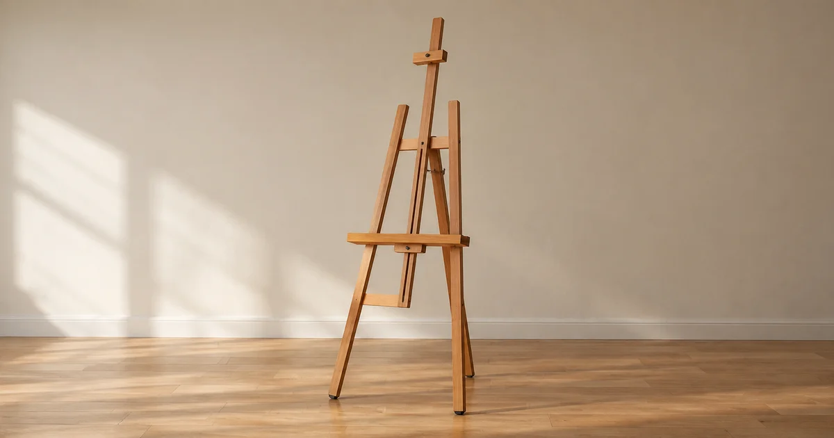 A plain wooden artist's easel standing open on three legs, with its support ledge empty