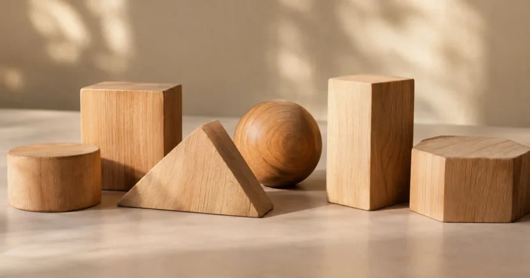 Several plain unpainted wooden geometric blocks arranged loosely side by side on a neutral surface