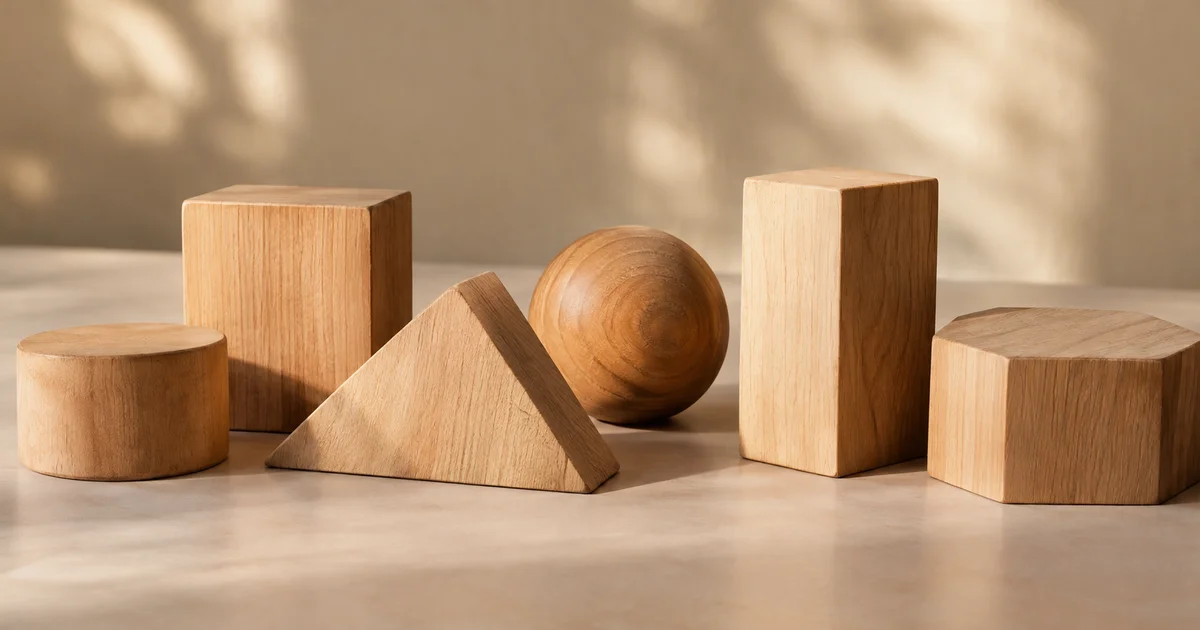 Several plain unpainted wooden geometric blocks arranged loosely side by side on a neutral surface