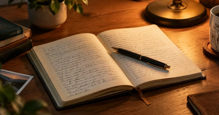 An open journal with handwritten pages, a pen resting across it on a plain desk
