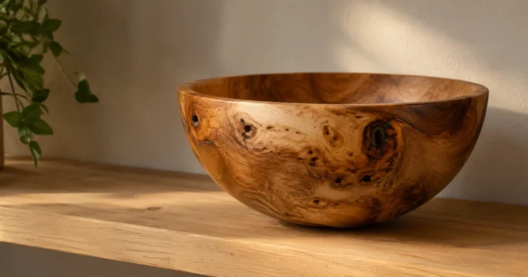 A wooden bowl with visible natural knots polished smooth, resting on a plain shelf