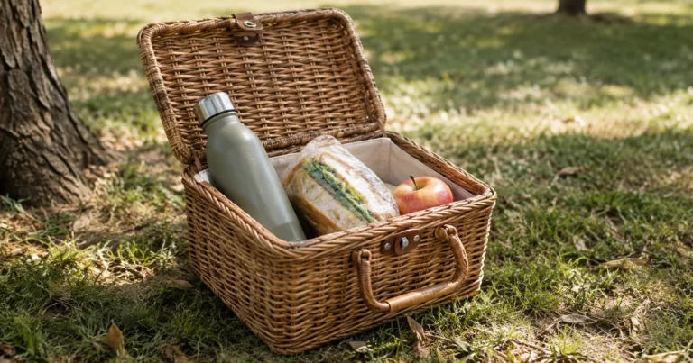 An open picnic basket with a water bottle, wrapped sandwich, and fruit in a plain outdoor setting