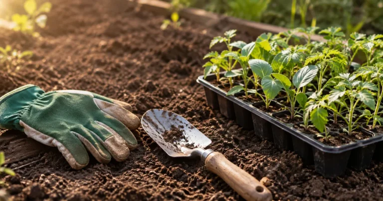 Gardening gloves and a trowel beside a tray of seedlings ready for fresh soil