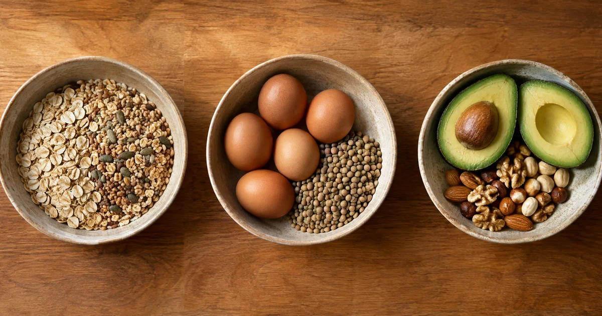 Overhead view of three ceramic bowls on a wood surface — one with oats, one with eggs and lentils, one with avocado and nuts