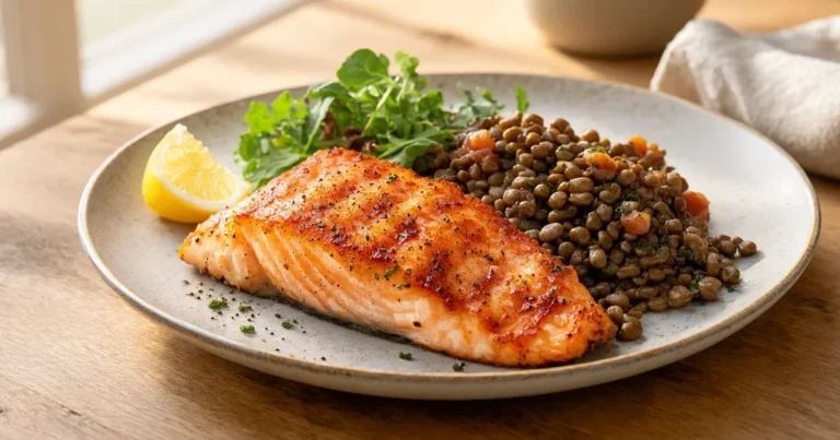 Close-up of a portioned dinner plate with a salmon fillet and lentils on a light wooden table in natural side lighting
