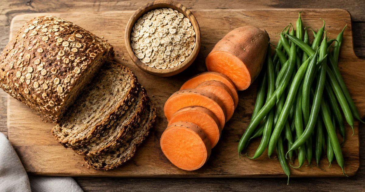Flat lay of whole grain bread, oats, sweet potato, and green beans on a wooden board in warm natural light