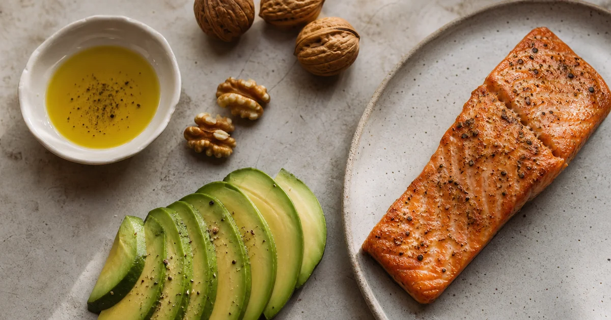 Overhead flat lay of olive oil, sliced avocado, walnuts, and grilled salmon on a light stone surface in natural light