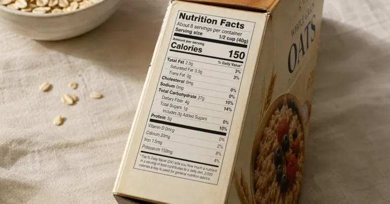 Nutrition Facts label on a food package on a pale linen surface in soft natural window light