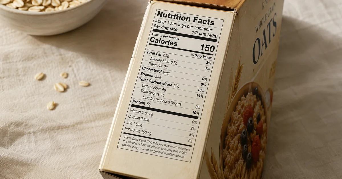 Nutrition Facts label on a food package on a pale linen surface in soft natural window light