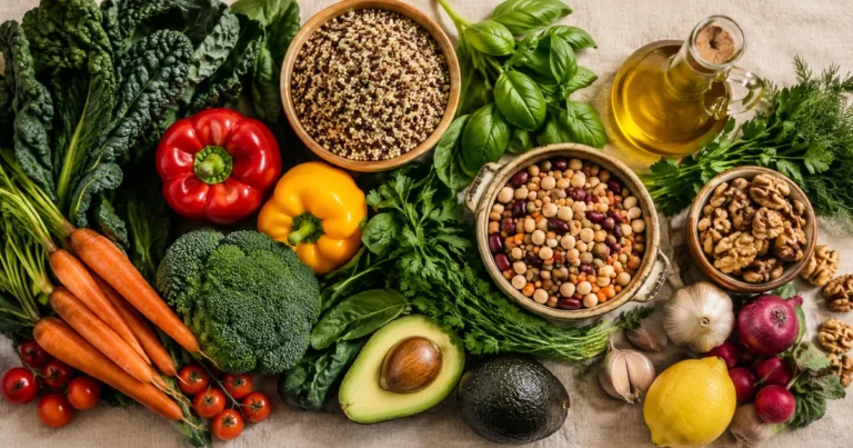 Overhead flat-lay of whole foods on linen — leafy greens, vegetables, whole grains, olive oil, legumes, and walnuts