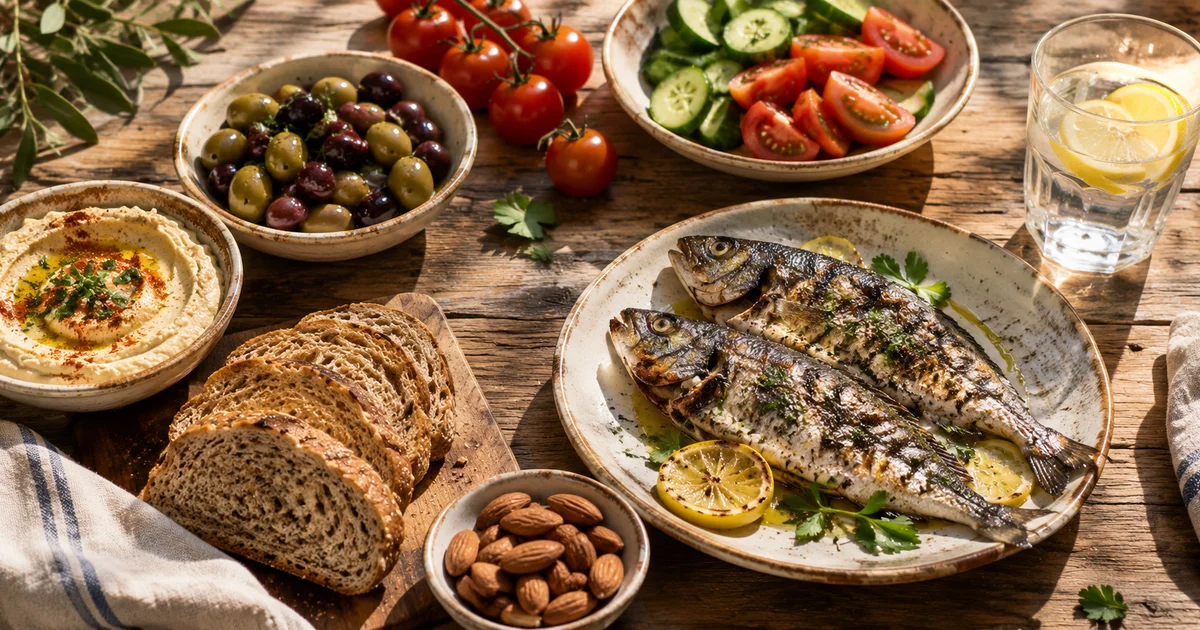 Flat lay of Mediterranean meal on wood — olives, fresh vegetables, hummus, whole grain bread, almonds, and grilled fish