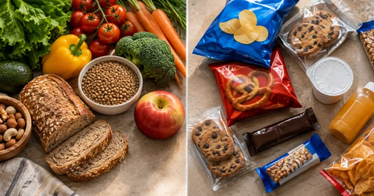 Split kitchen counter view — whole vegetables, grains, and legumes on one side; packaged snack foods in wrappers on the other