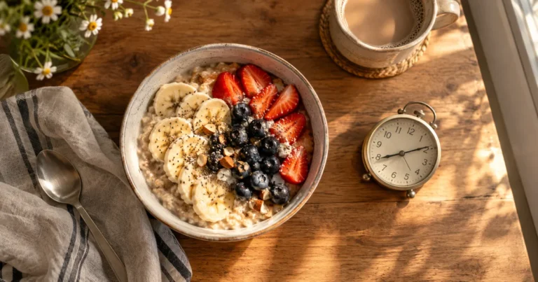 A kitchen table with a bowl of oatmeal and fresh fruit beside a small clock, in warm morning window light